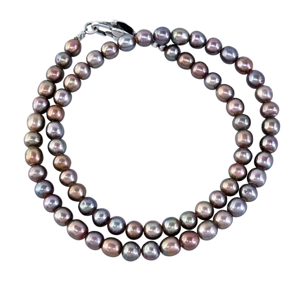 Vintage Sterling Silver 925 Chocolate Pearl Bead Necklace 16.5”